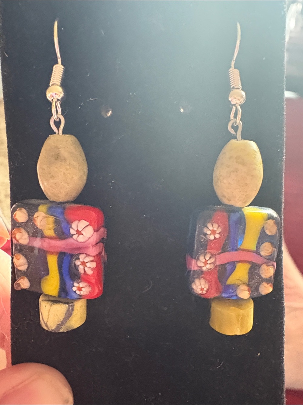 Hand Crafted Multicolor Painted Glass with Stone Accents Drop Earrings